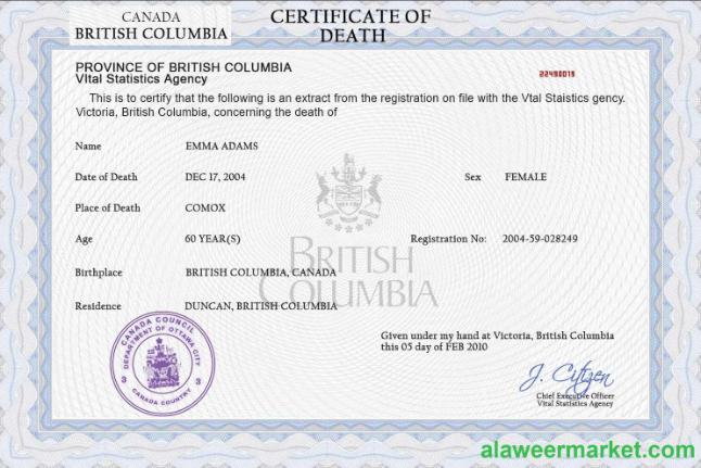 Canada vital record death certificate PSD template